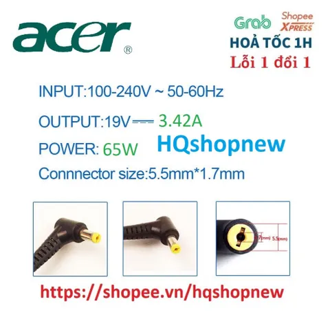[Sạc zin] SẠC LAPTOP ACER ASPIRE ES1-531-C6TE ES1-531 19V - 3.42A - 65W Chân vàng 5.5 x 1.7 mm PHỤ KIỆN LAPTOP
