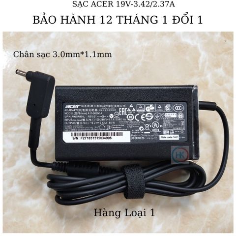 Sạc Laptop Acer 65W 19V-2.37/3.42A Chân Nhỏ (3.0mm*1.1mm) Chính Hãng Dùng Cho W700 S3 S5 S7 V3-331 V3-371 V3-372