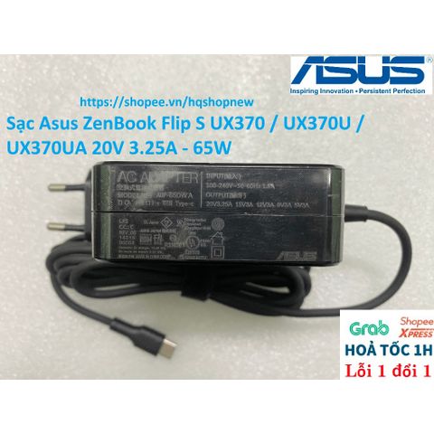 Sạc Laptop Asus ZenBook Flip S UX370 / UX370U / UX370UA 20V 3.25A - 65W, Chân C USB C - Phụ Kiện Chính Hãng, An Toàn và Tiết Kiệm Điện