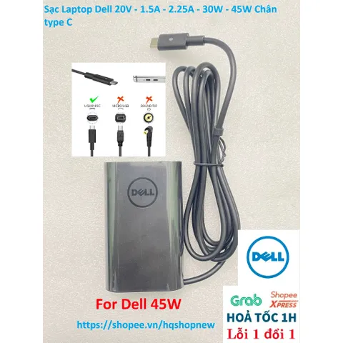 [Sạc zin] Sạc Laptop Dell 20V - 1.5A - 2.25A - 30W - 45W Chân type C PHỤ KIỆN LAPTOP