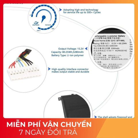 Pin laptop MSI BTY-M6L GS65 GS75 PS42 PS63 P65 Stealth Thin - Pin chính hãng 80.25wh, Đen, Bảo hành 100% - Phụ kiện laptop chất lượng cao