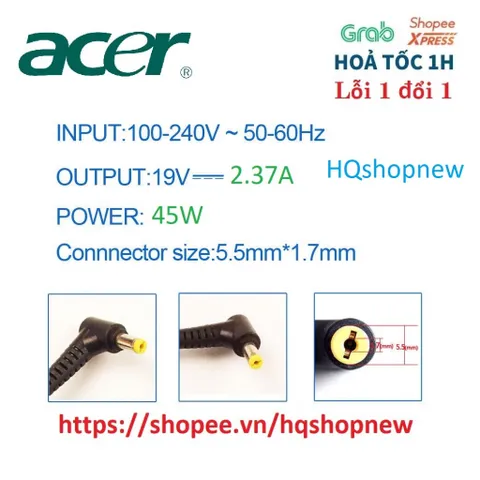 Sạc Laptop Acer Aspire 3 A314-41 A314-31 A314-32 A315-21 19V - 2.37A - 45W Chân to 5.5 x 1.7 mm PHỤ KIỆN LAPTOP