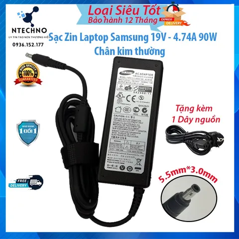🔝 Sạc Laptop Samsung 19V - 4.74A 90W [Zin] (Adapter Samsung 19V - 4.74A) Tặng kèm dây nguồn  Bảo hành 12 Tháng