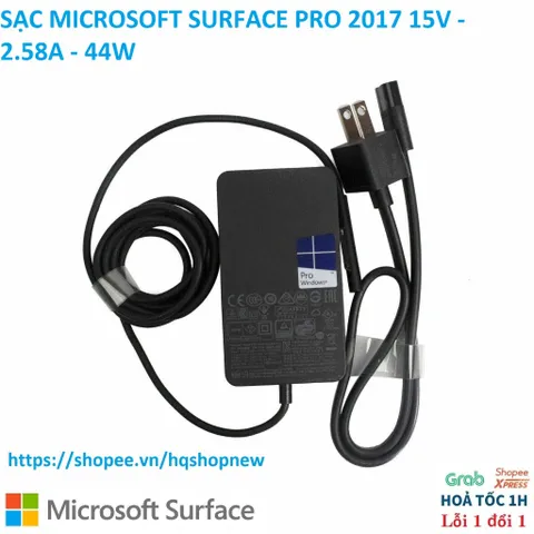 Sạc Microsoft Surface Pro 2017 - Phụ Kiện Laptop 15V 2.58A 44W Chính Hãng, Đen, Mới 100%