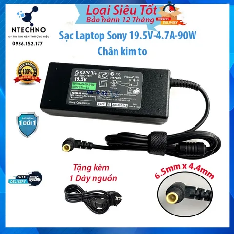 🔝 Sạc Laptop Sony 19.5V 4.7A 90W Tặng kèm dây nguồn Chân kim thường [pt] (Adapter Sony 19.5V - 4,7A)  Bảo hành 12 Tháng