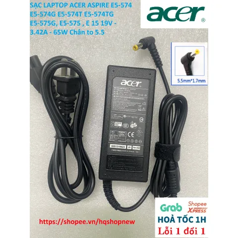 [Sạc zin]SẠC LAPTOP ACER ASPIRE E5-574 E5-574G E5-574T E5-574TG E5-575G, E5-575 , E 15 19V - 3.42A - 65W Chân to 5.5 PHỤ
