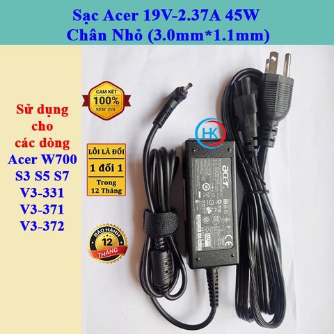 Sạc Laptop Acer 19V-2.37A 45W Chân Nhỏ (3.0mm*1.1mm) - Tương thích W700 S3 S5 S7 V3-331 V3-371 V3-372, Bảo hành 24 tháng, Tặng dây nguồn