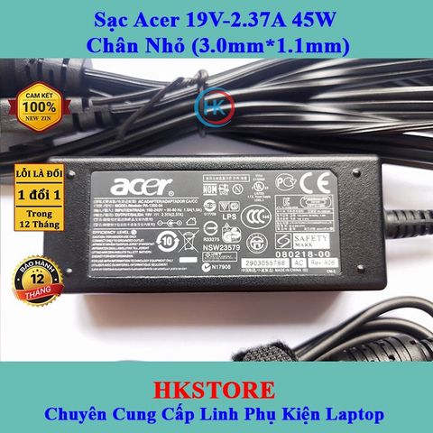 Sạc Laptop Acer 19V-2.37A 45W Chân Nhỏ (3.0mm*1.1mm) - Tương thích W700 S3 S5 S7 V3-331 V3-371 V3-372, Bảo hành 24 tháng, Tặng dây nguồn