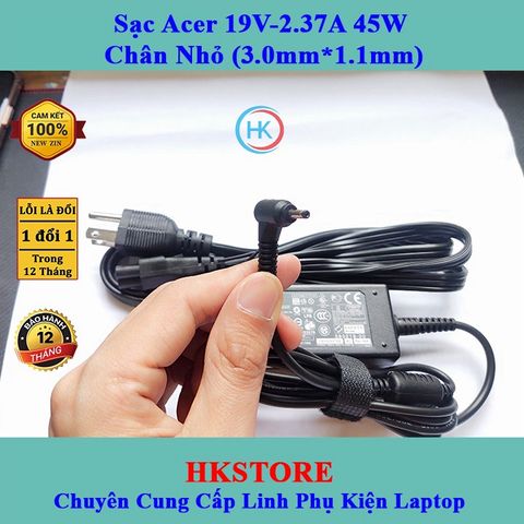 Sạc Laptop Acer 19V-2.37A 45W Chân Nhỏ (3.0mm*1.1mm) - Tương thích W700 S3 S5 S7 V3-331 V3-371 V3-372, Bảo hành 24 tháng, Tặng dây nguồn