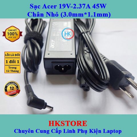 Sạc Laptop Acer 19V-2.37A 45W Chân Nhỏ (3.0mm*1.1mm) - Tương thích W700 S3 S5 S7 V3-331 V3-371 V3-372, Bảo hành 24 tháng, Tặng dây nguồn