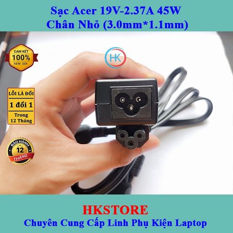 Sạc Laptop Acer 19V-2.37A 45W Chân Nhỏ (3.0mm*1.1mm) - Tương thích W700 S3 S5 S7 V3-331 V3-371 V3-372, Bảo hành 24 tháng, Tặng dây nguồn
