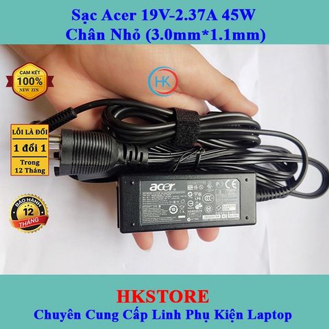 Sạc Laptop Acer 19V-2.37A 45W Chân Nhỏ (3.0mm*1.1mm) - Tương thích W700 S3 S5 S7 V3-331 V3-371 V3-372, Bảo hành 24 tháng, Tặng dây nguồn