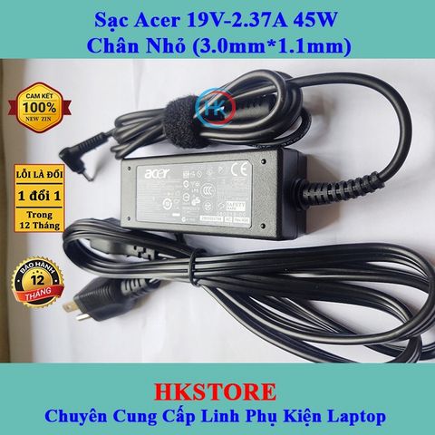 Sạc Laptop Acer 19V-2.37A 45W Chân Nhỏ (3.0mm*1.1mm) - Tương thích W700 S3 S5 S7 V3-331 V3-371 V3-372, Bảo hành 24 tháng, Tặng dây nguồn