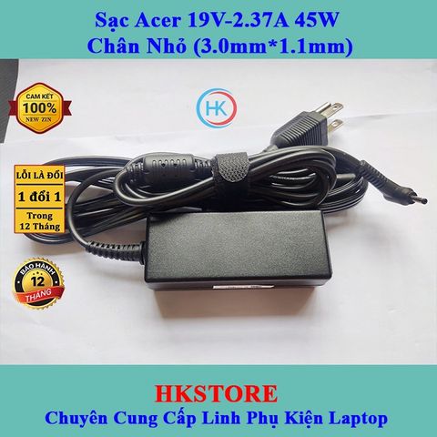 Sạc Laptop Acer 19V-2.37A 45W Chân Nhỏ (3.0mm*1.1mm) - Tương thích W700 S3 S5 S7 V3-331 V3-371 V3-372, Bảo hành 24 tháng, Tặng dây nguồn