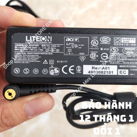 Sạc Laptop Acer Mini 19V-1.58A 36W - Dùng cho Acer One 10.1, 8.9, D257-1437, D257-1806 - Bảo Hành 12 Tháng, Tặng Dây Nguồn