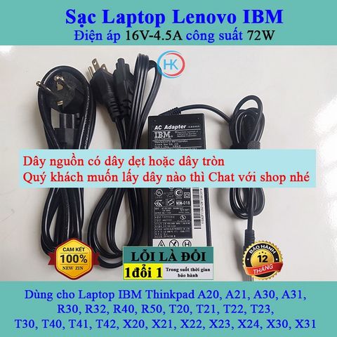 Sạc Laptop Lenovo 16V 4.5A 72W - Adapter Chính Hãng Dành Cho ThinkPad A20 A21 A30 R40 T20 T30 T40 T41 T42 X20 X21