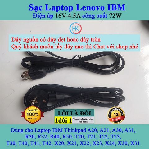 Sạc Laptop Lenovo 16V 4.5A 72W - Adapter Chính Hãng Dành Cho ThinkPad A20 A21 A30 R40 T20 T30 T40 T41 T42 X20 X21