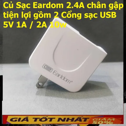 Củ Sạc Eardom 2.4A 10W - Bộ Sạc USB 2 Cổng 5V 1A/2A Cho Điện Thoại - Thiết Kế Gập Tiện Lợi, Bảo Vệ Thông Minh