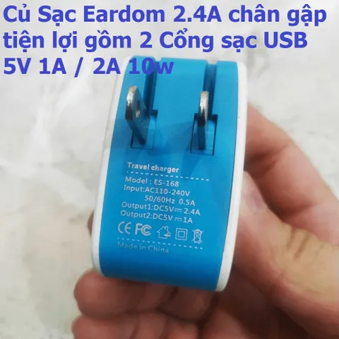 Củ Sạc Eardom 2.4A 10W - Bộ Sạc USB 2 Cổng 5V 1A/2A Cho Điện Thoại - Thiết Kế Gập Tiện Lợi, Bảo Vệ Thông Minh