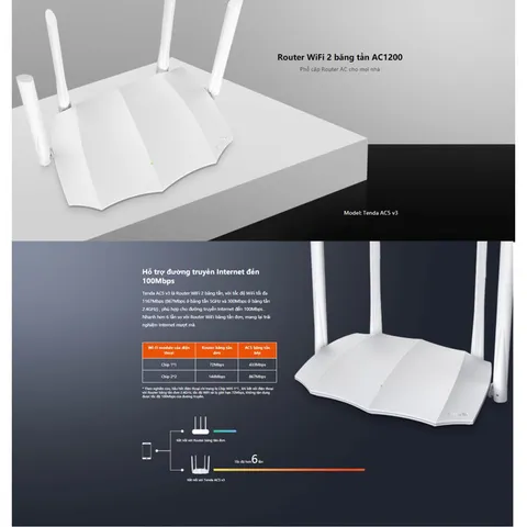 Bộ Phát Wifi Tenda AC5 V3 AC1200Mbps - Router Băng Tần Kép Tốc Độ Cao, Hỗ Trợ Đường Truyền Internet Đến 100Mbps