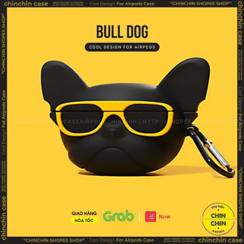 Vỏ Bọc AirPods 1 2 Pro Hình Chó Bull Kính Vàng Kèm Móc Khóa - Phụ Kiện Tai Nghe Chất Lượng Cao