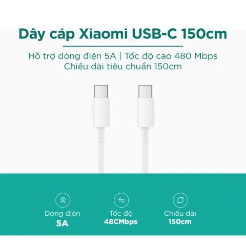 Dây Sạc Xiaomi C to C 150cm - Chính Hãng, Chất Liệu Bền, Sạc Nhanh Quick Charge 2.0, Truyền Dữ Liệu 480MB/s