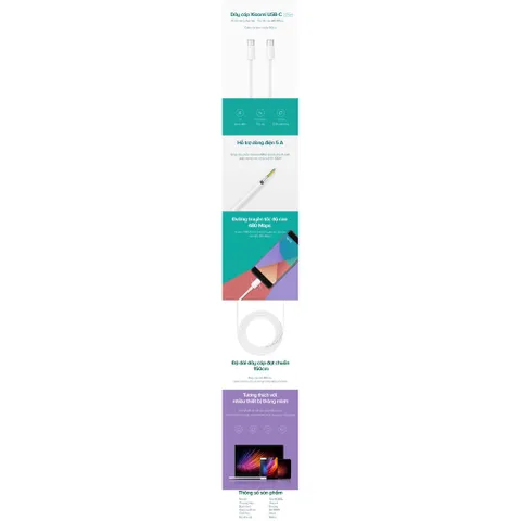 Dây Sạc Xiaomi C to C 150cm - Chính Hãng, Chất Liệu Bền, Sạc Nhanh Quick Charge 2.0, Truyền Dữ Liệu 480MB/s