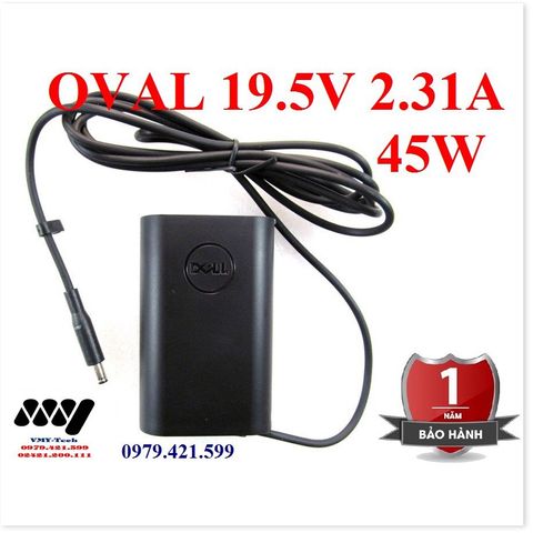 Sạc Laptop Dell Oval 19.5V 2.31A 45W Chân Kim Nhỏ Cho XPS 13 - Adapter Kèm Dây Nguồn Chất Lượng Cao