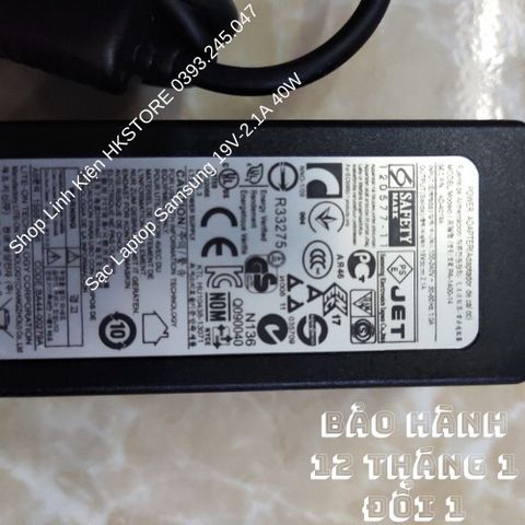 Sạc Laptop Samsung Chính Hãng 19V-2.1A 40W Cho Các Dòng NC10, N310, 530U4, 520U4, Bảo Hành 12 Tháng, Tặng Kèm Dây