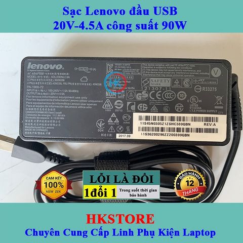 Sạc Laptop Lenovo 20V - 4.5A 90W Chân Vuông USB Chính Hãng, Tương Thích Với T440 E531 X240 X230 G500 T540 G400 G500 - Bảo Hành 24 Tháng