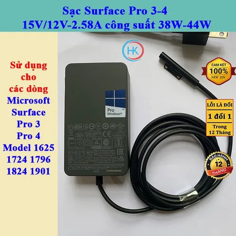 Sạc Surface Pro 3-4 Chính Hãng 15V/12V-2.58A 30W-38W - Adapter Nguồn Cho Microsoft Surface Pro 3/4 Model 1625/1724/1796
