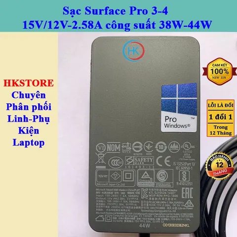 Sạc Surface Pro 3-4 Chính Hãng 15V/12V-2.58A 30W-38W - Adapter Nguồn Cho Microsoft Surface Pro 3/4 Model 1625/1724/1796