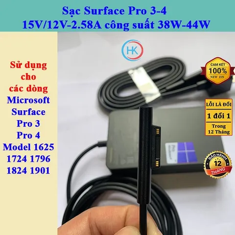 Sạc Surface Pro 3-4 Chính Hãng 15V/12V-2.58A 30W-38W - Adapter Nguồn Cho Microsoft Surface Pro 3/4 Model 1625/1724/1796