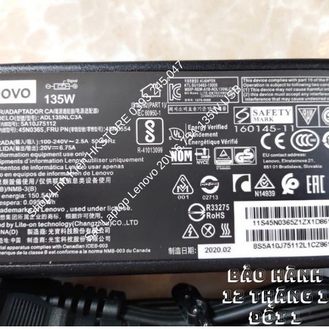 Sạc Laptop Lenovo 20V-6.75A 135W Chân Kim cho Y50-70, Y40-70, T550p, Y700, Y70, Y50, T530, T540P, T440P, W540 - Bảo Hành 12 tháng