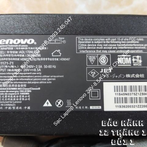 Sạc Laptop Lenovo 20V-8.5A 170W Chân Kim Chính Hãng - Tương Thích với W520 W530 W540 W541 T440p L540 L440, Bảo Hành 12 Tháng