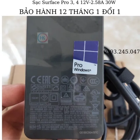 Sạc Adapter Microsoft Surface Pro 3-4 15V-2.58A 44W Chính Hãng, Phù Hợp Model 1625 1724 1796 1824 1901, Bảo Hành 12 Tháng
