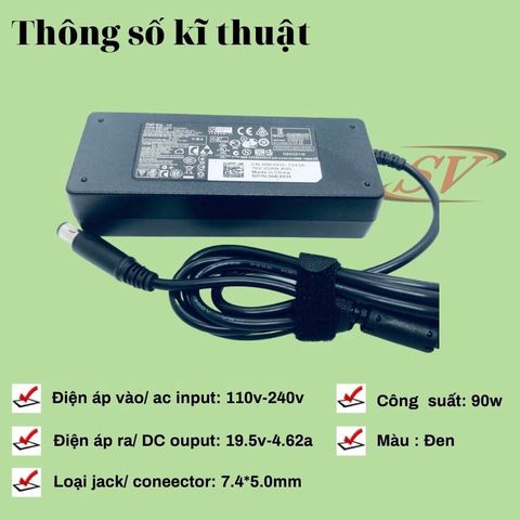Sạc Laptop Dell 90W Chân Kim To 4.62A - Adapter ZIN Cao Cấp Kèm Dây Nguồn - Bảo Hành 12 Tháng, Chất Lượng Đảm Bảo