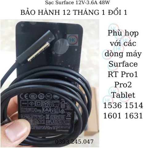Sạc Surface Pro 2 12V-3.6A 48W Chính Hãng Cho Microsoft Surface RT Pro1 Pro2 Tablet 1536 1514 1601 1631 - Bảo Hành 12 Tháng