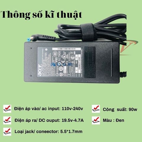 Sạc Laptop ACER 90W Zin Chính Hãng 4.7A - Bảo Hành 12 Tháng, Sạc Ổn Định Không Nóng Máy