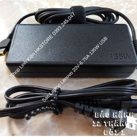 Sạc Laptop Lenovo 20V-6.75A 135W USB Chân Vuông, Phù Hợp Cho Y50-70, Y40-70, T550p, Y700, T540P - Bảo Hành 12 Tháng