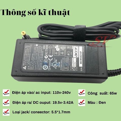 Sạc Laptop Acer 65W 19V-3,42A ZIN Original - Bảo Hành 12 Tháng - Sạc Chất Lượng Cao cho Máy Tính Acer