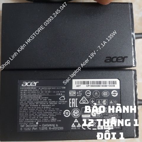 Sạc Laptop Acer 19V 7.1A 135W Chính Hãng - Tương Thích Acer Aspire 7 V15 V17 8940 9800 9810 Travelmate 2000 2100 270, Bảo Hành 12 Tháng