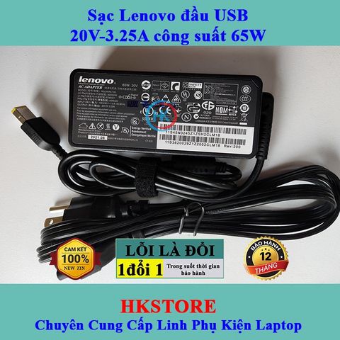 Sạc Laptop Lenovo 20V-3.25A 65W Chân Vuông, Bảo Hành 24 Tháng, Dùng Cho G40 G50 T540 X240 X250, Kèm Dây Nguồn Chính Hãng