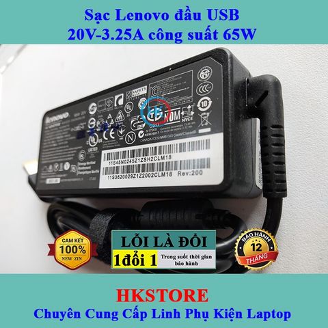Sạc Laptop Lenovo 20V-3.25A 65W Chân Vuông, Bảo Hành 24 Tháng, Dùng Cho G40 G50 T540 X240 X250, Kèm Dây Nguồn Chính Hãng