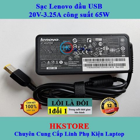 Sạc Laptop Lenovo 20V-3.25A 65W Chân Vuông, Bảo Hành 24 Tháng, Dùng Cho G40 G50 T540 X240 X250, Kèm Dây Nguồn Chính Hãng