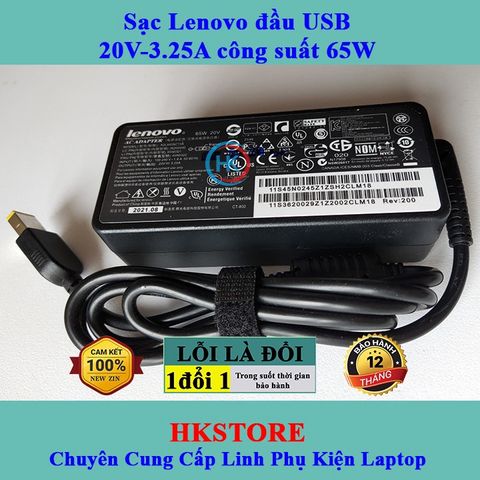 Sạc Laptop Lenovo 20V-3.25A 65W Chân Vuông, Bảo Hành 24 Tháng, Dùng Cho G40 G50 T540 X240 X250, Kèm Dây Nguồn Chính Hãng