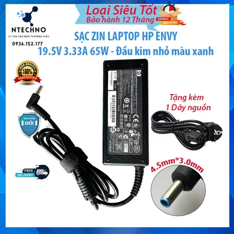🔝 Sạc Zin Laptop HP envy 19.5V 3.33A 65W Chân kim nhỏ đầu màu xanh 4.5mm*3.0mm Pavilion Chromebook Stream Spectre
