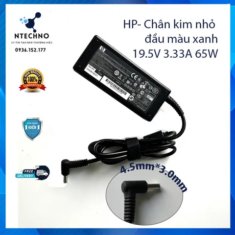 🔝 Sạc Zin Laptop HP envy 19.5V 3.33A 65W Chân kim nhỏ đầu màu xanh 4.5mm*3.0mm Pavilion Chromebook Stream Spectre