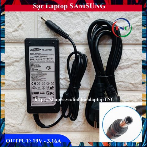 Sạc Laptop Samsung 19V 3.16A có Dây Nguồn Tặng Kèm - Phụ Kiện Chính Hãng, Bảo Hành 12 Tháng, Hàng Mới 100%