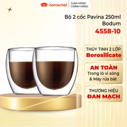 Bộ 2 Cốc Thủy Tinh Giữ Nhiệt 2 Lớp Bodum Pavina 4558-10 - Dung Tích 250ml, Chất Liệu Borosilicate, Thiết Kế Hiện Đại